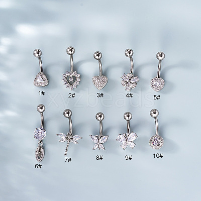 316L Surgical Stainless Steel Clear Cubic Zirconia Curved Barbell Belly Rings WG7644D-05-1