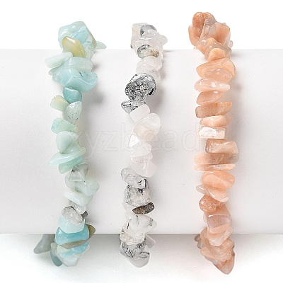 Chips Natural Rutilated Quartz & Flower Amazonite & Sunstone Beaded Stretch Bracelets Sets X-BJEW-JB05332-06-1