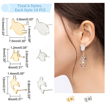 60Pcs 6 Style 304 Stainless Steel Stud Earring Findings STAS-DC0010-21-1