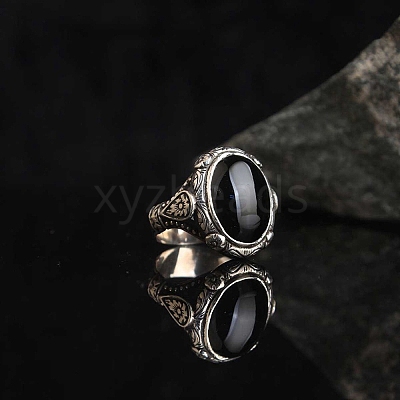 Oval Natural Dyed & Heated Black Agate Finger Rings PW-WG03CB0-02-1