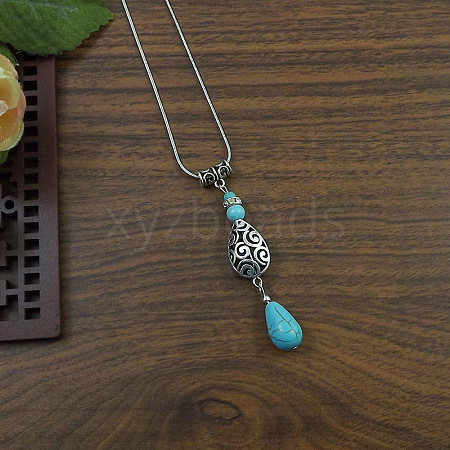 Exotic Ethnic Style Miao Silver & Synthetic Turquoise Drop Pendant Necklaces NL3465-6-1