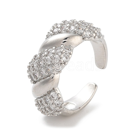 Twist Brass Micro Pave Clear Cubic Zirconia Open Cuff Ring for Women RJEW-C102-04P-1