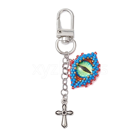 Evil Eye Glass Seed Loom & Cross Alloy Pendant Decoration HJEW-MZ00082-1