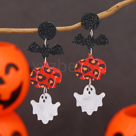 Acrylic Sweet Cute Long Halloween Pumpkin & Bat & Ghost Stud Earrings WE2095-1