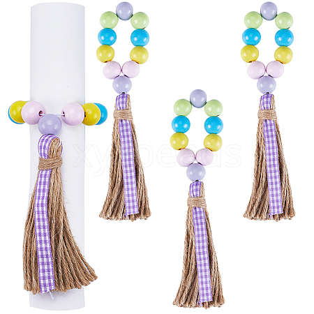 Easter Wood Beaded Napkin Rings with Tassels HJEW-WH0042-97-1