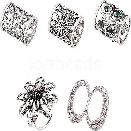 SUPERFINDINGS 5Pcs 5 Style Owl & Flower & Rhombus & Column & Oval Alloy Scarf Buckle Rings JEWB-FH0001-08-1