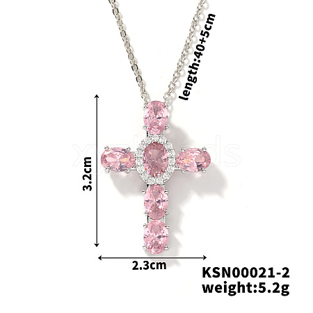 Brass Pave Cubic Zirconia Cross Pendant Necklaces CU6638-1-1