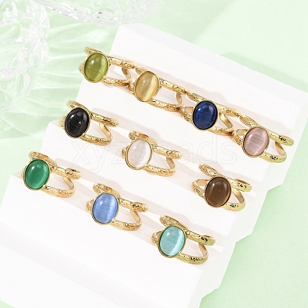 304 Stainless Steel with Glass Cat Eye Cuff Rings for Women RJEW-K309-40G-1