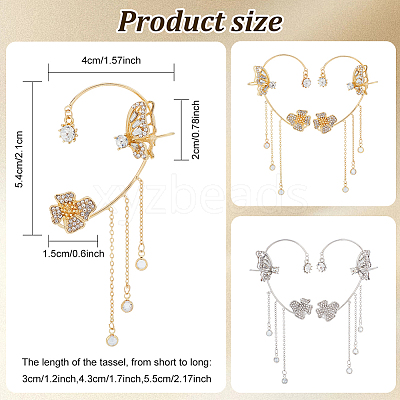 4Pcs 4 Style Butterfly & Flower Crystal Rhinestone Climber Wrap Around Earrings EJEW-AN0001-01-1