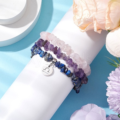 3Pcs 3 Styles Natural Rose Quartz & Amethyst & Lapis Lazuli Chips Stretch Bracelets Sets BJEW-JB11076-09-1