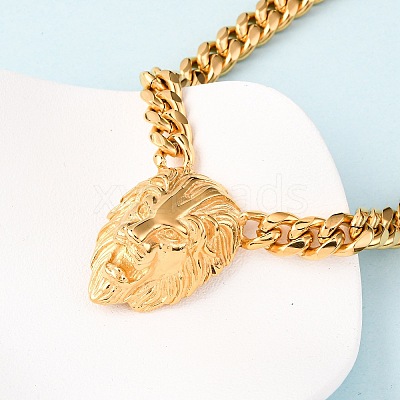 304 Stainless Steel Lion Head Pendant Cuban Link Chain Necklaces NJEW-C099-05G-1