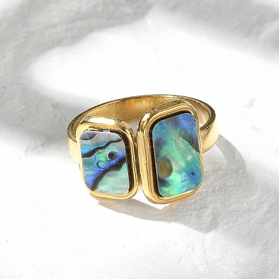 Rectangle 304 Stainless Steel Paua Shell Cuff Rings for Women X-RJEW-G346-04G-01-1
