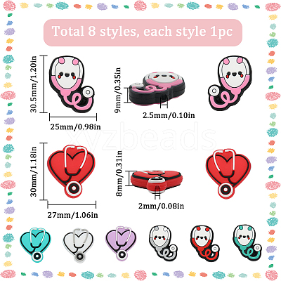 8Pcs 8 Style Stethoscope Food Grade Eco-Friendly Silicone Focal Beads SIL-SC0001-35-1