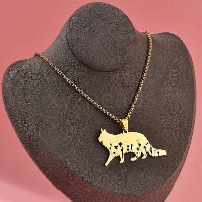 201 Stainless Steel Hollow Cat Shaped Pendant Box Chain Necklaces NJEW-M086-06G-1