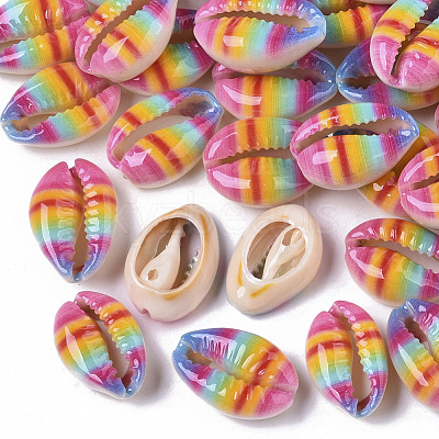 Printed Natural Cowrie Shell Beads SSHEL-R047-01-A06-1