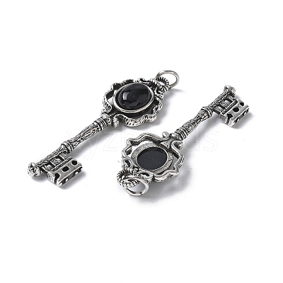 Key Brass Natural Black Agate Big Pendants KK-D361-01AS-15-1