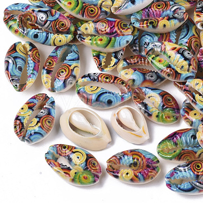 Printed Natural Cowrie Shell Beads X-SSHEL-R047-01-D05-1