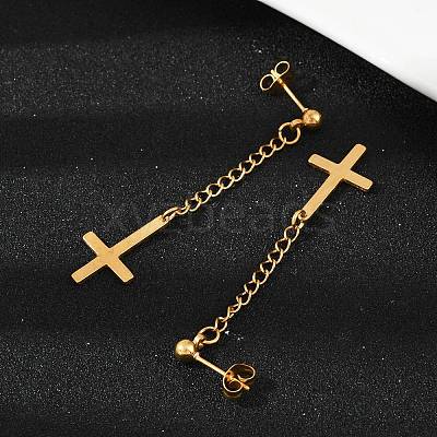 Christian Upside Down Cross 201 Stainless Steel Dangle Stud Earrings EJEW-P314-01B-G-1