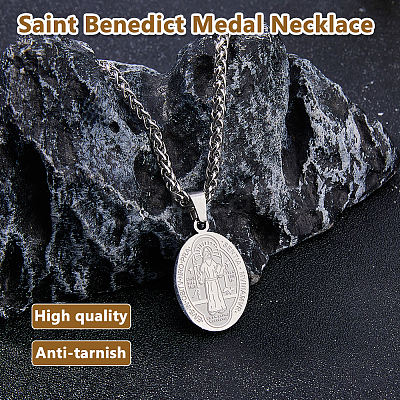 2Pcs Stainless Steel Saint Benedict Oval Medal Pendant Wheat Chain Necklaces NJEW-DC0001-20P-1