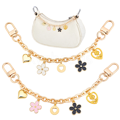 2Pcs 2 Colors Acrylic Heart & Alloy Enamel Pink and White Flower Pendant Alloy Cable Chain Bag Decorative Chains HJEW-BBC0001-35-1