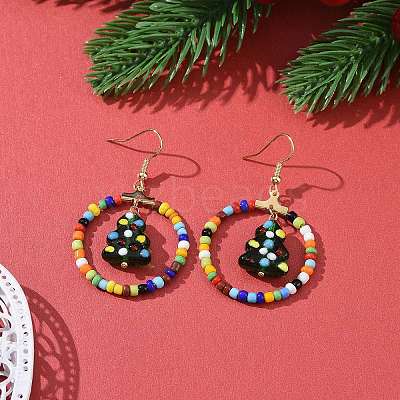 Glass Seed Beaded Ring with Lampwork Christmas Tree Dangle Earrings EJEW-TA00231-1
