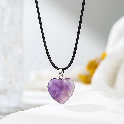 Natural Amethyst Heart Pendant Black Cord Necklaces NI9317-13-1