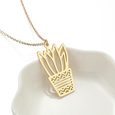 304 Stainless Steel Cutout Potted Plant Pendant Necklaces for Women WGA529A-09-1
