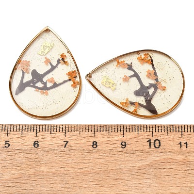 Brass & Transparent Epoxy Resin & Dried Flower Pendants RESI-G133-03G-04-1