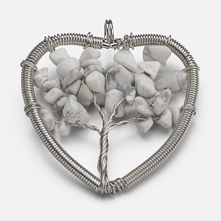 Natural Howlite Bead Brass Wire Wrapped Heart Big Pendants KK-L136-04G-NR-1