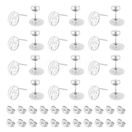 Unicraftale 60Pcs 201 Stainless Steel Textured Flat Round Stud Earring Findings STAS-UN0052-81-1