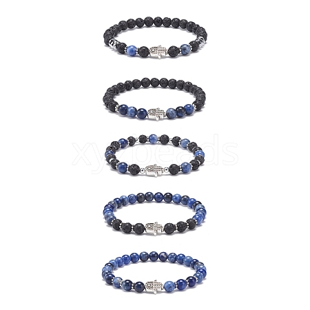 5Pcs 5 Style Natural Lava Rock & Sodalite Stretch Bracelets Set with Alloy Hamsa Hand Beaded BJEW-JB08737-1