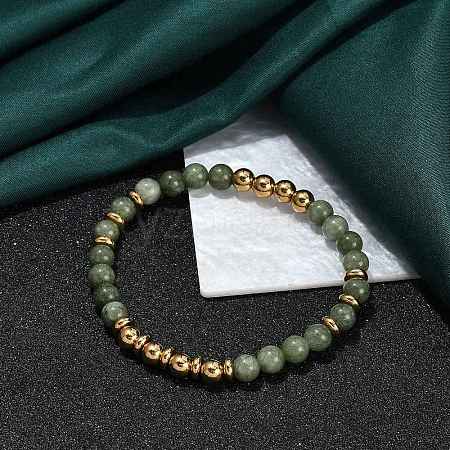 Ion Plating(IP) 304 Stainless Steel & Round Jade Beaded Stretch Bracelets for Women Men BJEW-M046-02G-1