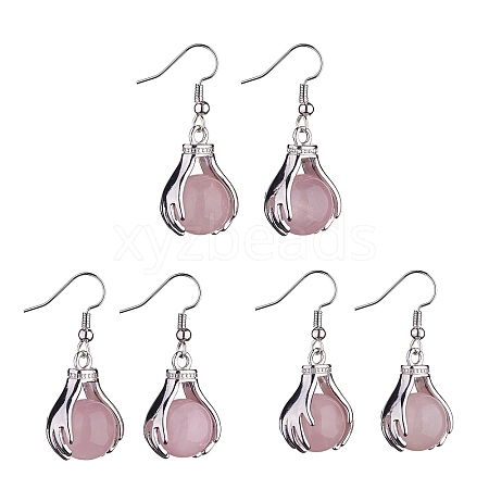 Natural Rose Quartz Palm Dangle Earrings EJEW-A092-09P-18-1