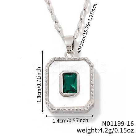 Elegant Vintage Brass Green Cubic Zirconia Square Pendant Dapped Chain Necklace for Women CS0591-1-1