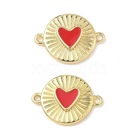 Brass Enamel Flat Round with Heart Links Connector Charms KK-L256-48C-G-1