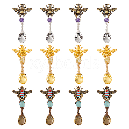 12Pcs 3 Colors Alloy Coffee Tea Spoon & Bee Pendants PALLOY-GA00013-1