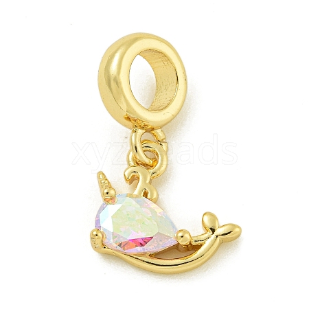 Rack Plating Brass Pave Clear AB Cubic Zirconia Whale European Dangle Charms KK-Z067-41G-1