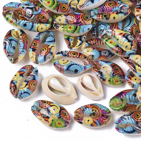 Printed Natural Cowrie Shell Beads X-SSHEL-R047-01-D05-1