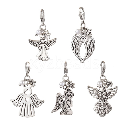 5Pcs 5 Styles Angel Tibetan Style Alloy Pendant Decorations HJEW-JM02044-1