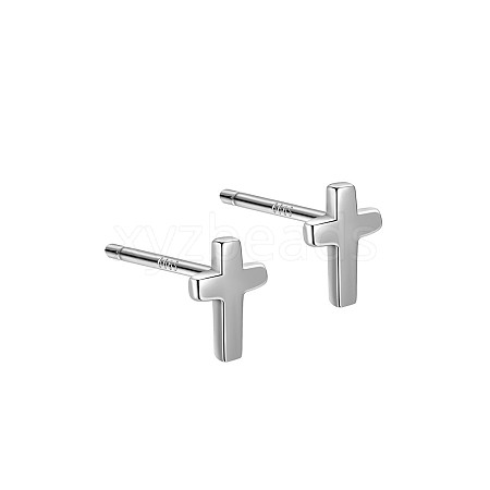 Anti-Tarnish Rhodium Plated Cross 999 Sterling Silver Stud Earrings for Women EJEW-S215-23P-1