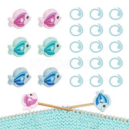  6Pcs 3 Colors Fish Silicone Beads Knitting Needle Protectors/Knitting Needle Stoppers DIY-NB0010-36-1