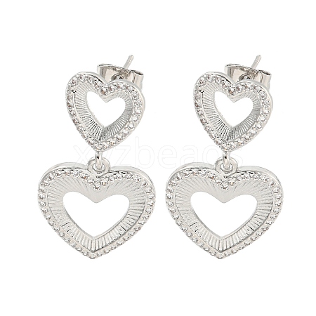 Hollow Heart Brass Pave Clear Cubic Zirconia Dangle Stud Earrings EJEW-M258-26P-1