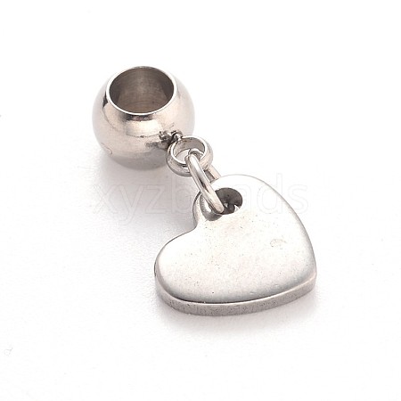 Tarnish Resistant Heart 304 Stainless Steel European Large Hole Dangle Charms X-PALLOY-JF00100-02-1