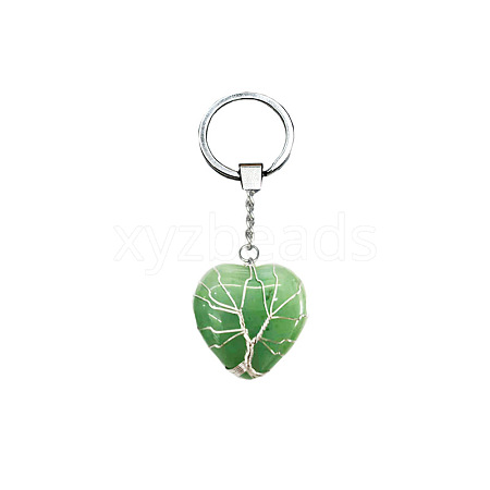 Tree of Life Wire Wrapped Heart Natural Green Aventurine Gemstone Pendant Keychain FIND-PW0017-03F-1