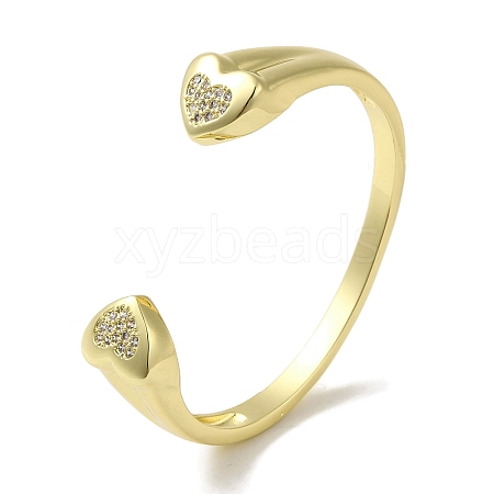 Rack Plating Brass Micro Pave Clear Cubic Zirconia Heart Open Cuff Bangles for Women BJEW-P323-04G-1