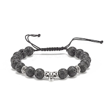 Natural Lava Rock & Alloy Tube Braided Bead Bracelet BJEW-JB08304