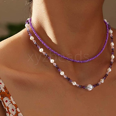 Glass Seed Beaded Necklaces Set NJEW-SW00006-05-1