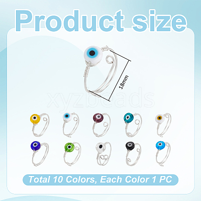 10Pcs 10 Colors Copper Wire Wrapped Flat Round Evil Eye Lampwork Finger Rings RJEW-UN00052-1