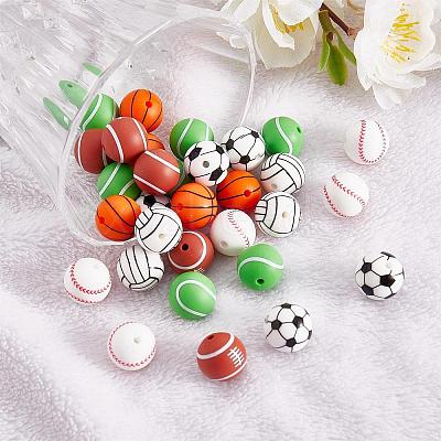 12Pcs 6 Style Basketball/Soccer/Tennis/Baseball/Rugby/Volleyball Silicone Beads JX308A-01-1