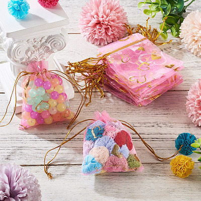 50Pcs Heart Printed Organza Bags OP-TADJ0001-01B-1